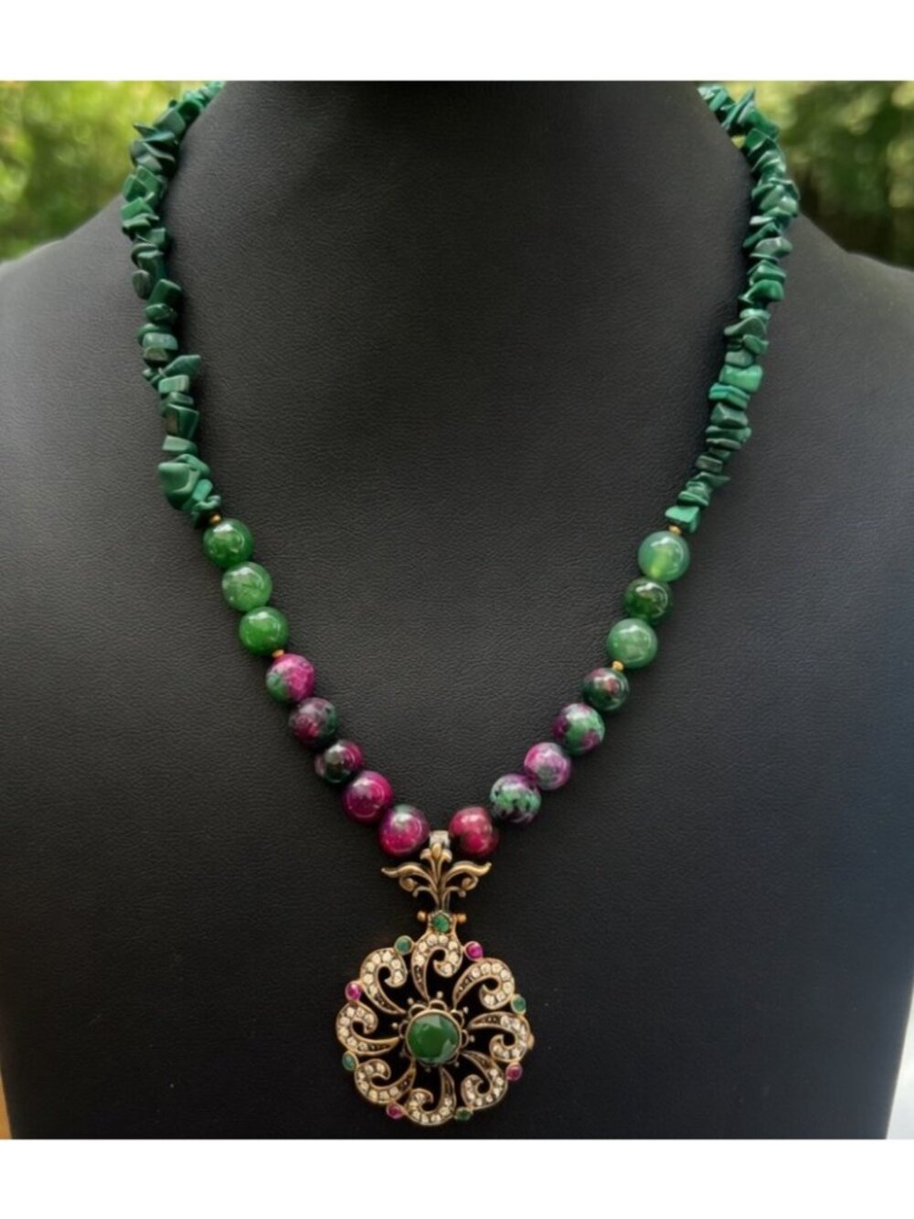 Handcrafted Malachite & Ruby Zoisite Beaded Necklace With Ornate Pendant